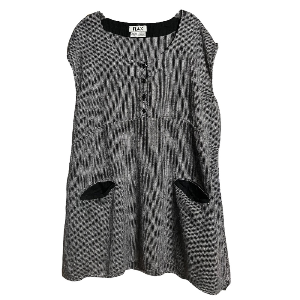 Flax Linen Black Stripe Popover Tunic Top With Pockets Sz 1X 1G EUC